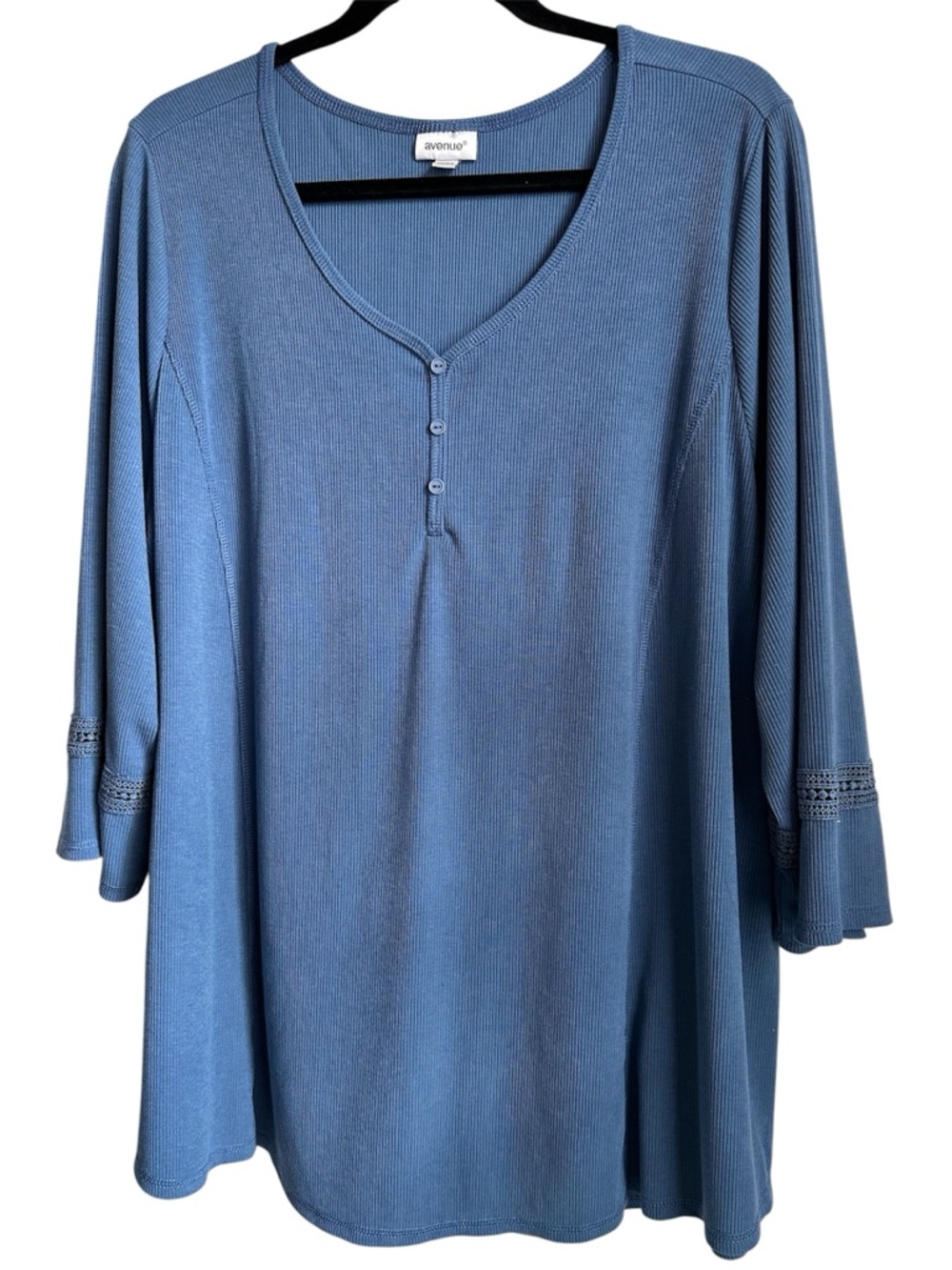 Avenue Blue Ribbed Henley Tunic with Crochet Trim